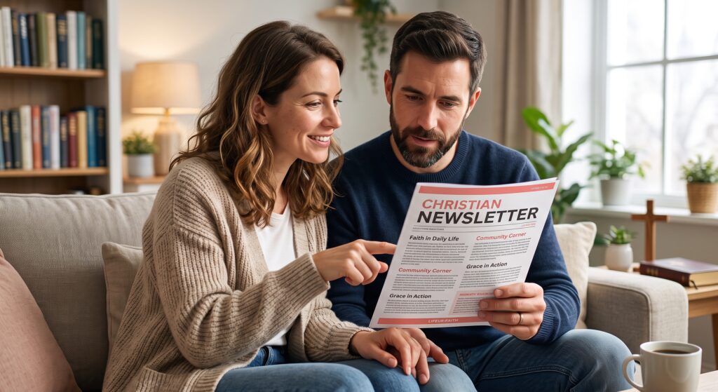 A candid, hyperrealistic photograph of a smiling couple in their mid-30s sitting on a couch in a sunlit living room, reading a physical "CHRISTIAN NEWSLETTER." The woman, in a beige cardigan, points to a section of the paper while the man, in a blue sweater, holds it. The newsletter features sections like "Faith in Daily Life" and "Grace in Action" with a small "LIFEUK.FAITH" header. A coffee mug is on the table nearby.